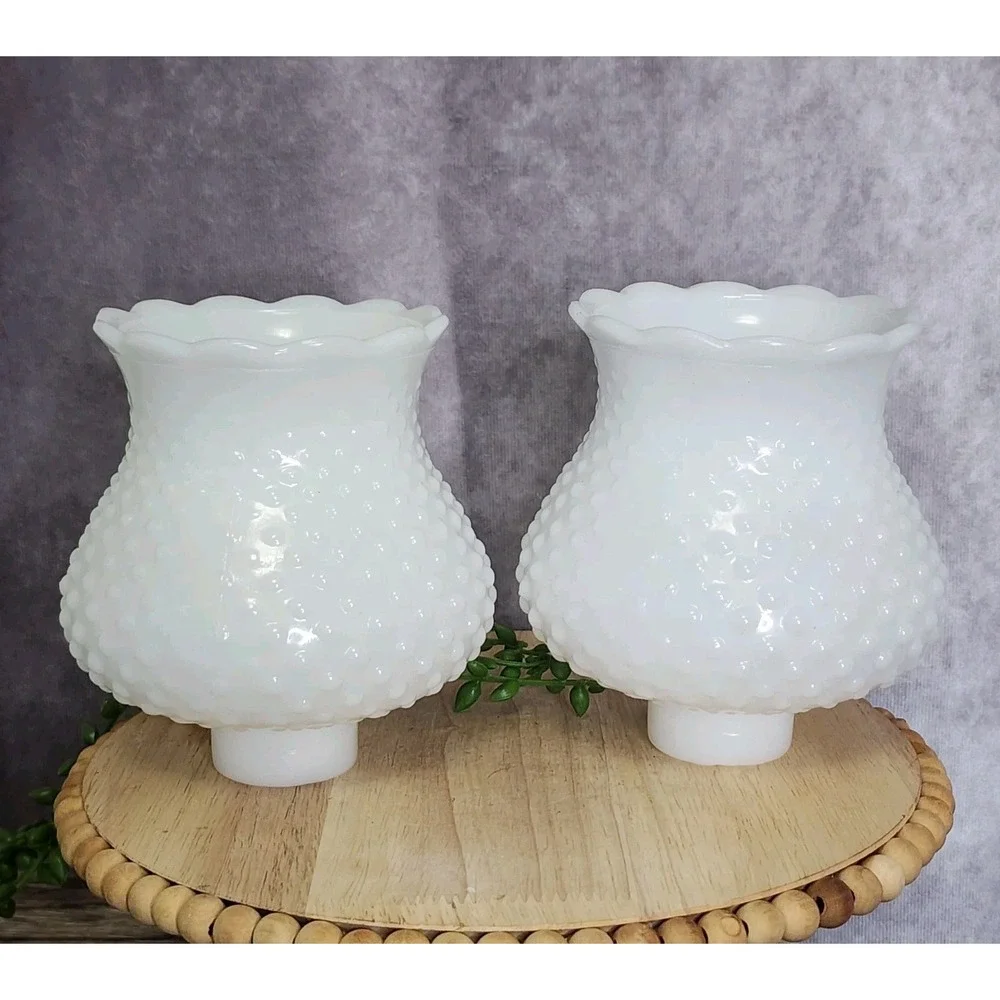Vintage Hobnail Milk Glass Hurricane Shade Set White Scalloped Ruffle Rim 2 pc